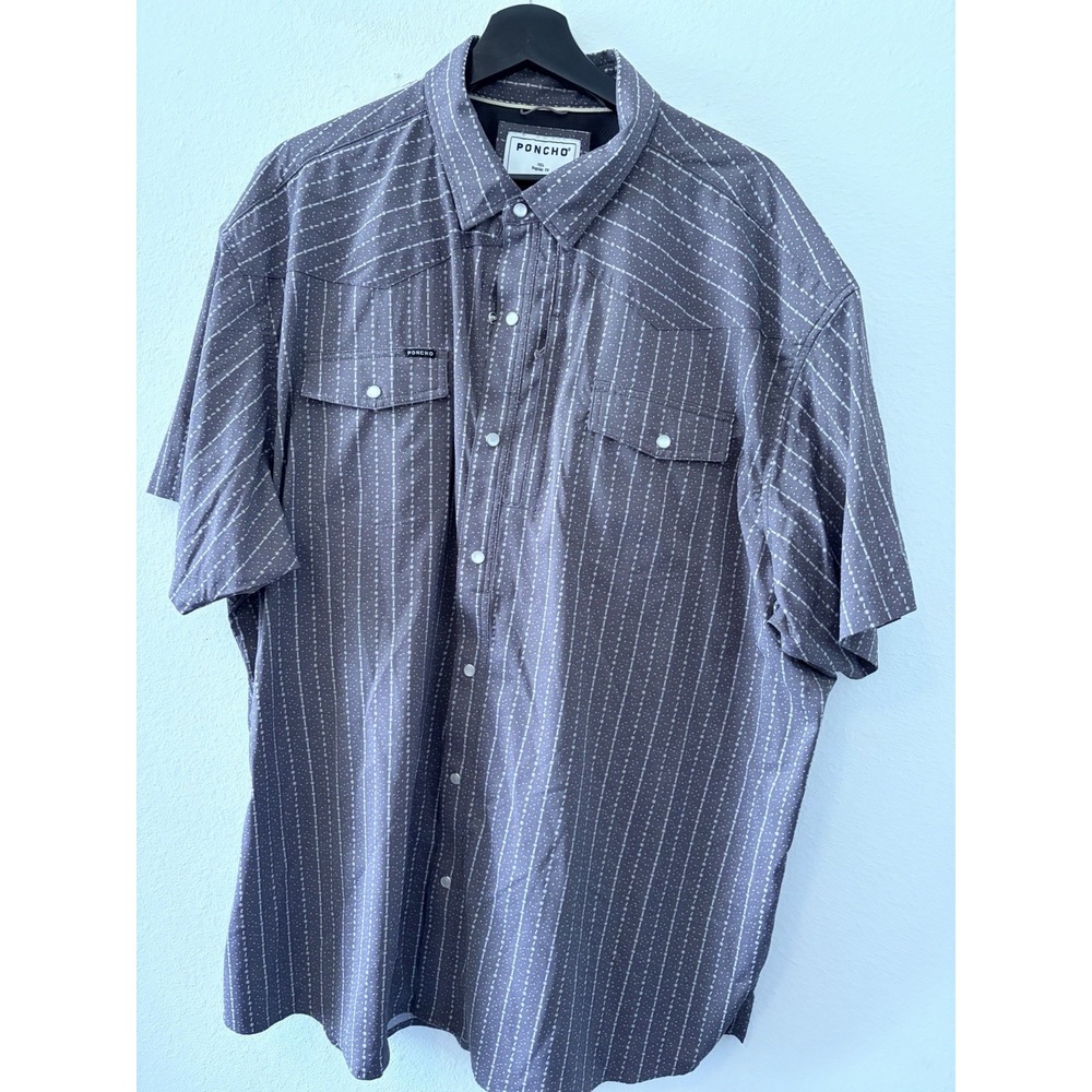Poncho Men Grey Print Short Sleeve Button Down Shirt Size 3XL XXXL Regular Fit
